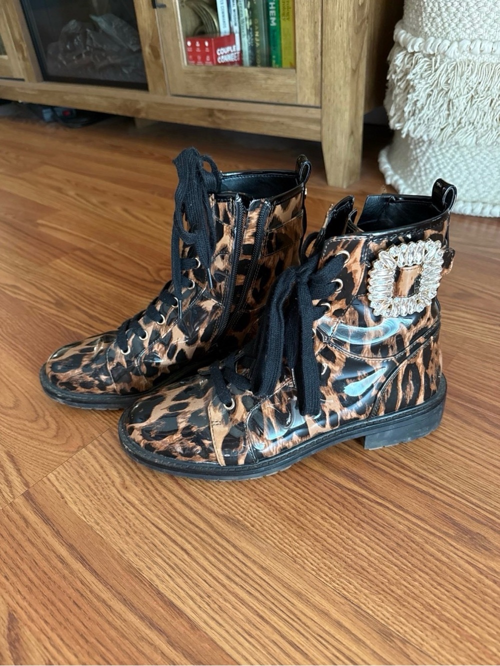Alex Marie Leopard-Print Lace-Up Ankle Boots with Crystal Buckle